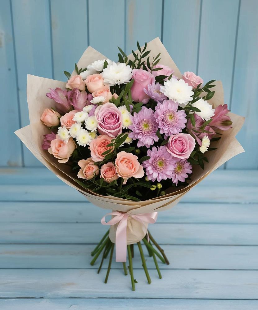 Букет цветов из: Хризантемы, Розы и Альстромерии в поселке имени Воровского