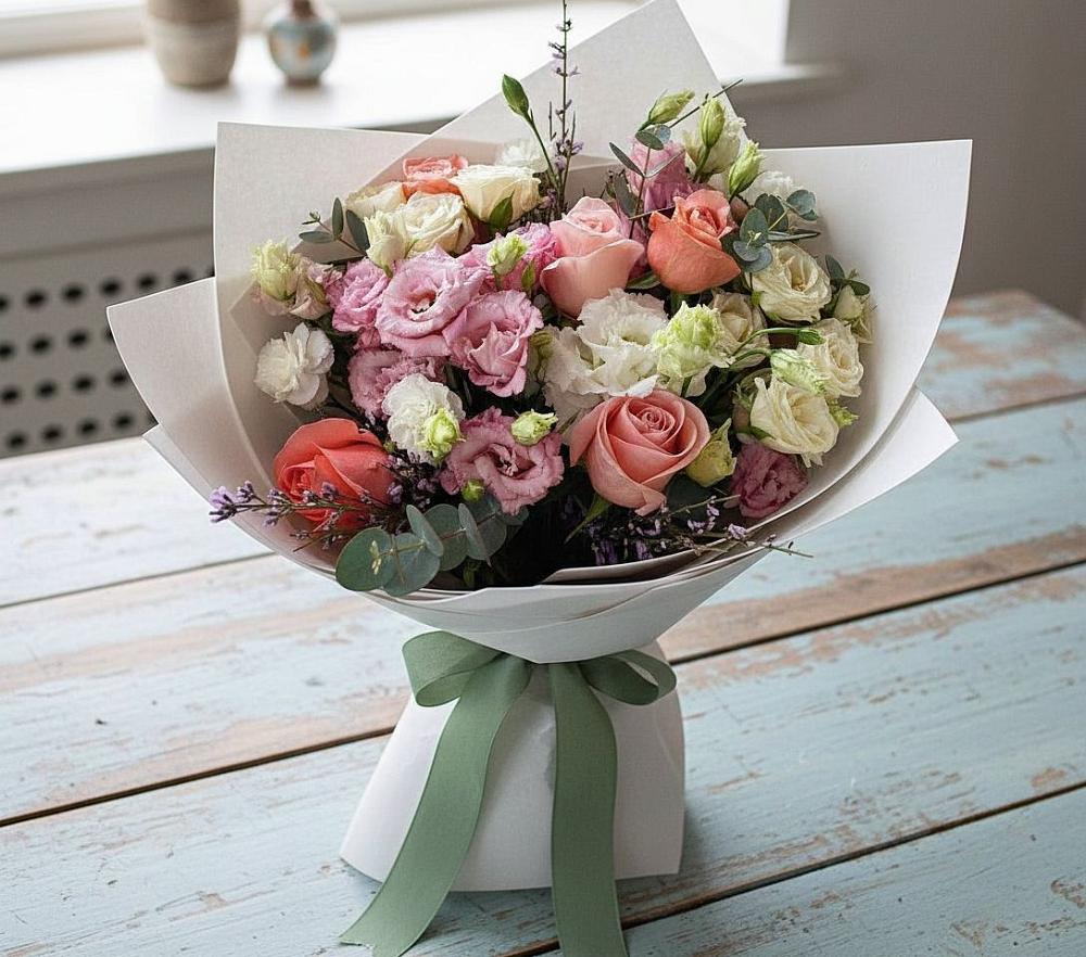 Букет цветов из: Розы, Лизиантусы и Гвоздики в поселке имени Воровского