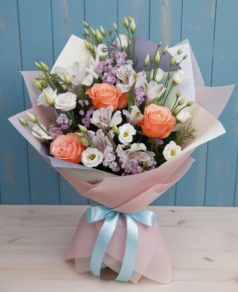 Букет цветов из: Лизиантусы, Розы, Альстромерии и Гипсофила в поселке имени Воровского