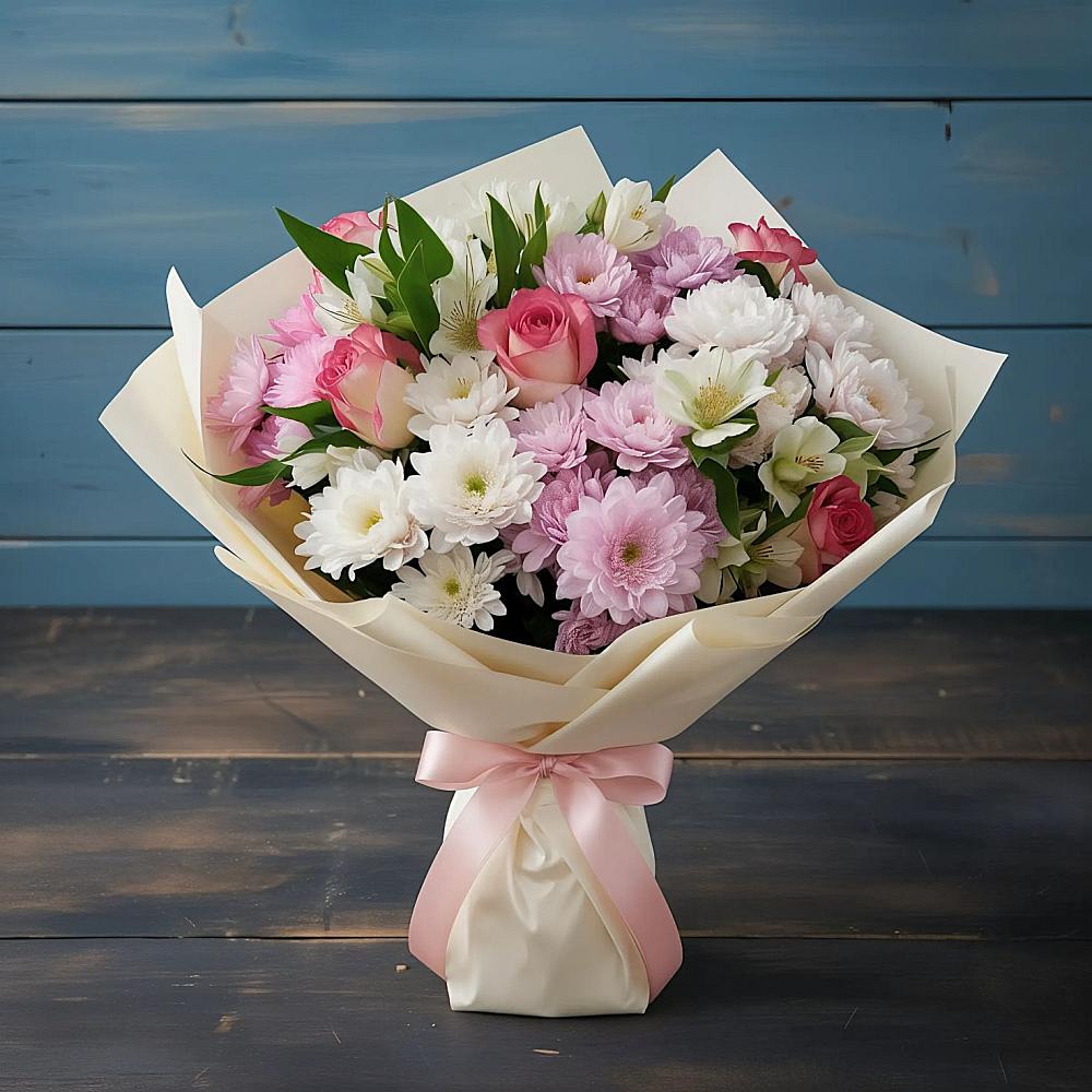 Букет цветов из: Хризантемы, Альстромерии и Розы в поселке имени Воровского